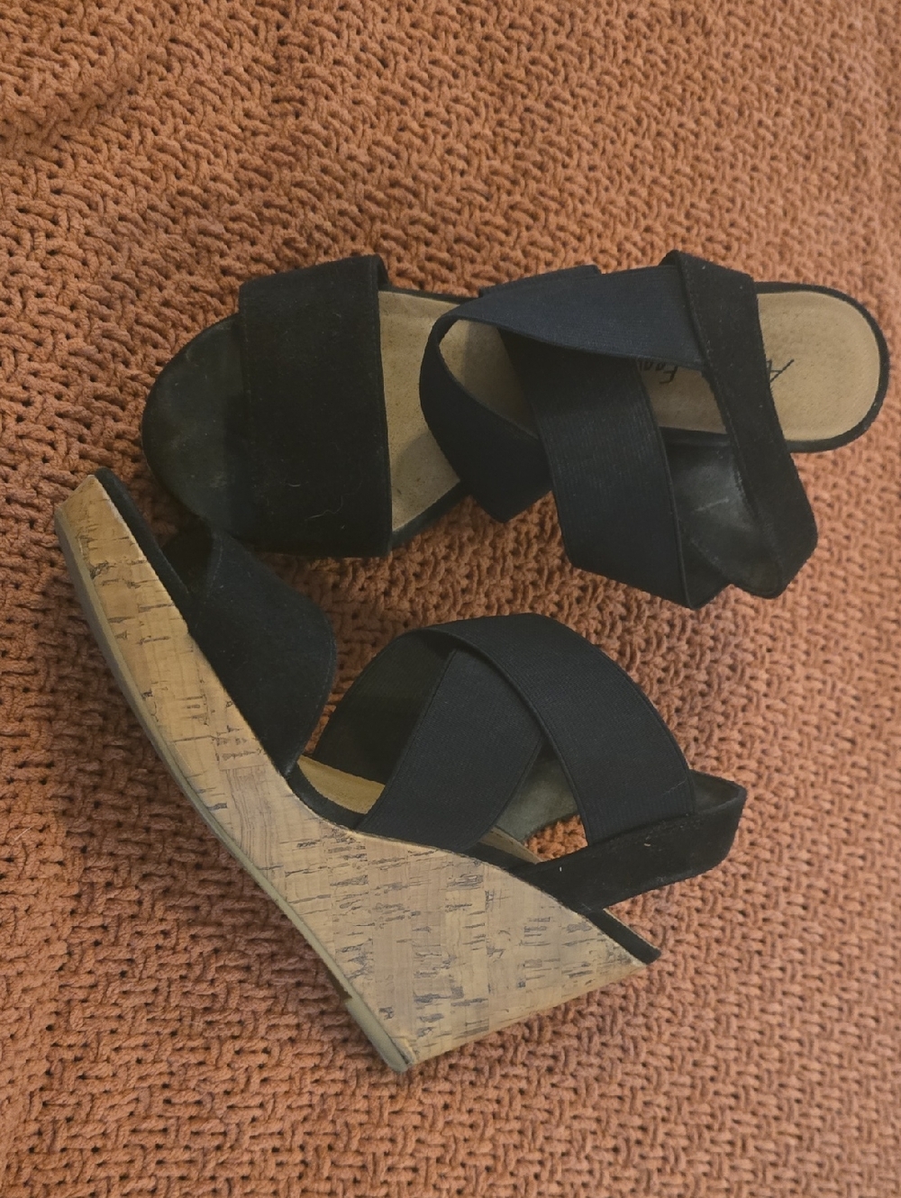 American Eagle Outfitters Black Elastic Cross-Strap Cork Wedges